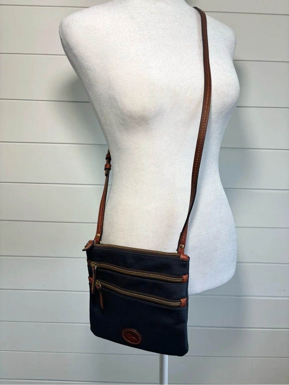 Dooney & Bourke Triple Zip Navy Crossbody with Brown Leather Trim